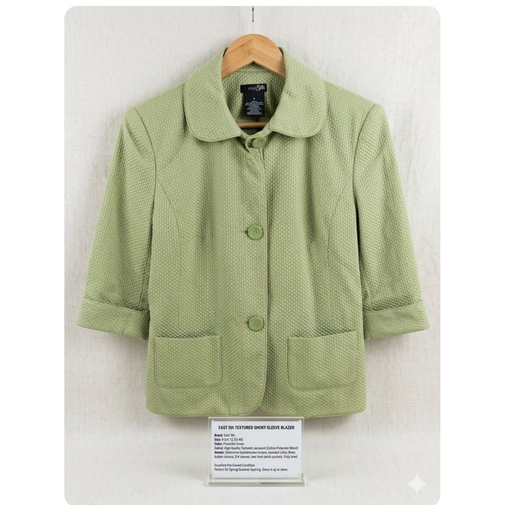 East 5th Pistachio Green Basketweave Textured Blazer 3/4 Sleeve Jacket Size 6